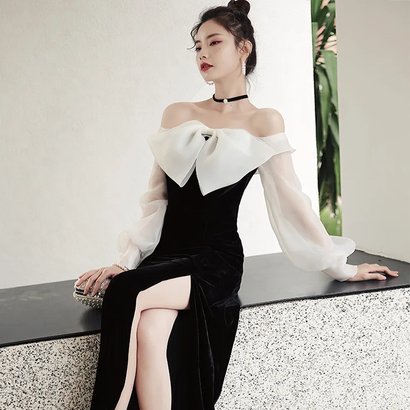 

Black Off Shoulder Evening Dress Women Big Bow Long Sleeves Split Homecoming Dresses Exquisite Elegant Modern Formal Gown