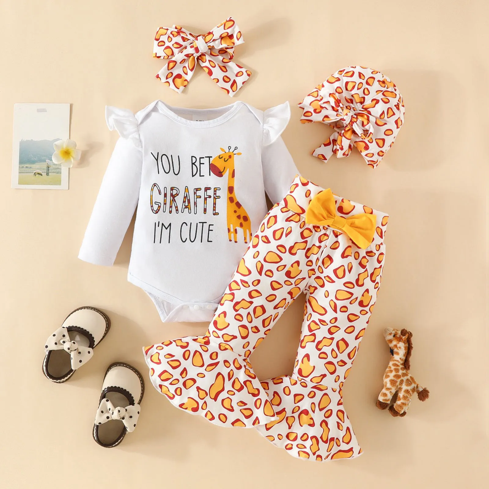 

4Pcs Baby Girls Clothes Sets Long Sleeve Giraffe Letter Onesies Leopard Print Bell Bottoms Headband Hat Infant Suits 0-18 Months