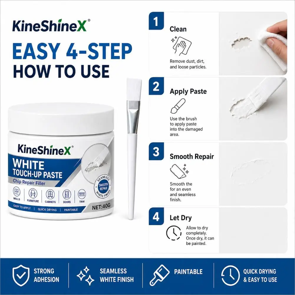 White Furniture Repair Paste 40g Wood Touch‑up Filler With Brush Fast Dry Fill Scratch For Cabinet Door Baseboard Restoration