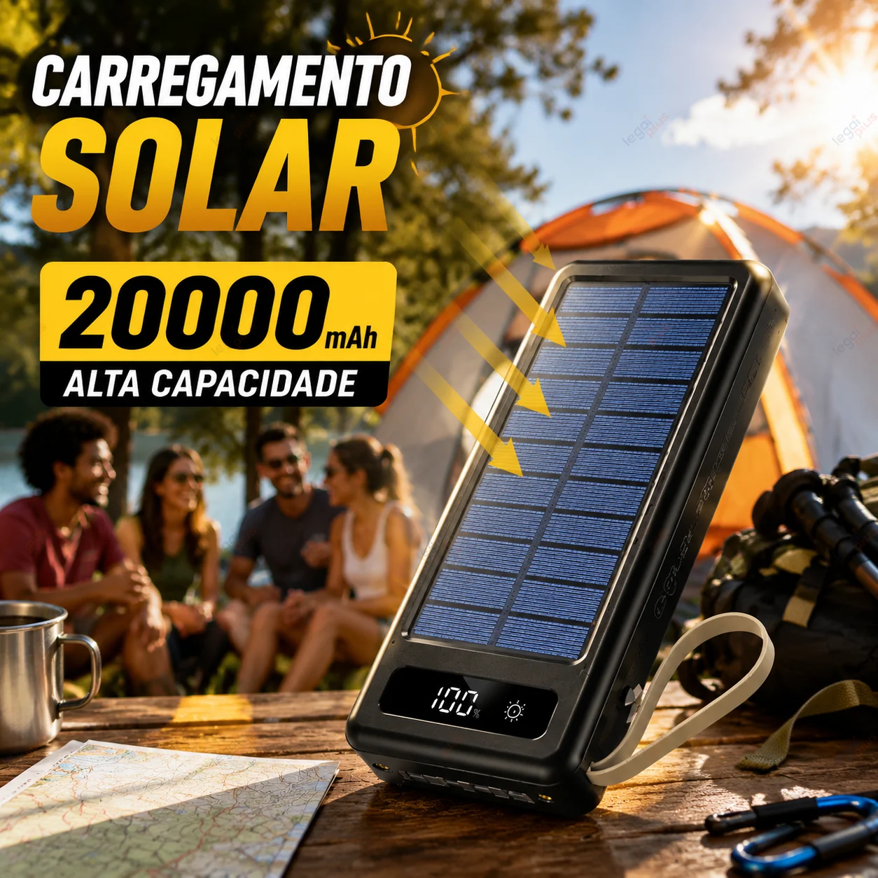 Carregador Portátil Solar 20000mAh com 4 Cabos Embutidos, Lanterna LED e Powerbank para Viagem