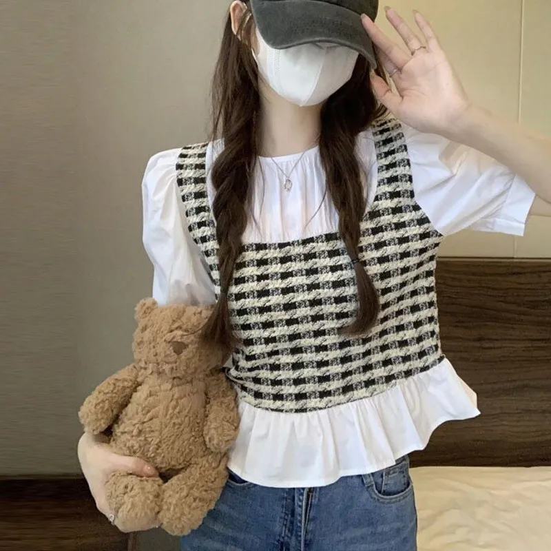 Summer Plaid Bubble Sve ort irt Women's Faion Design Casual Cover Belly  Dr Korean Sle round Ne Top
