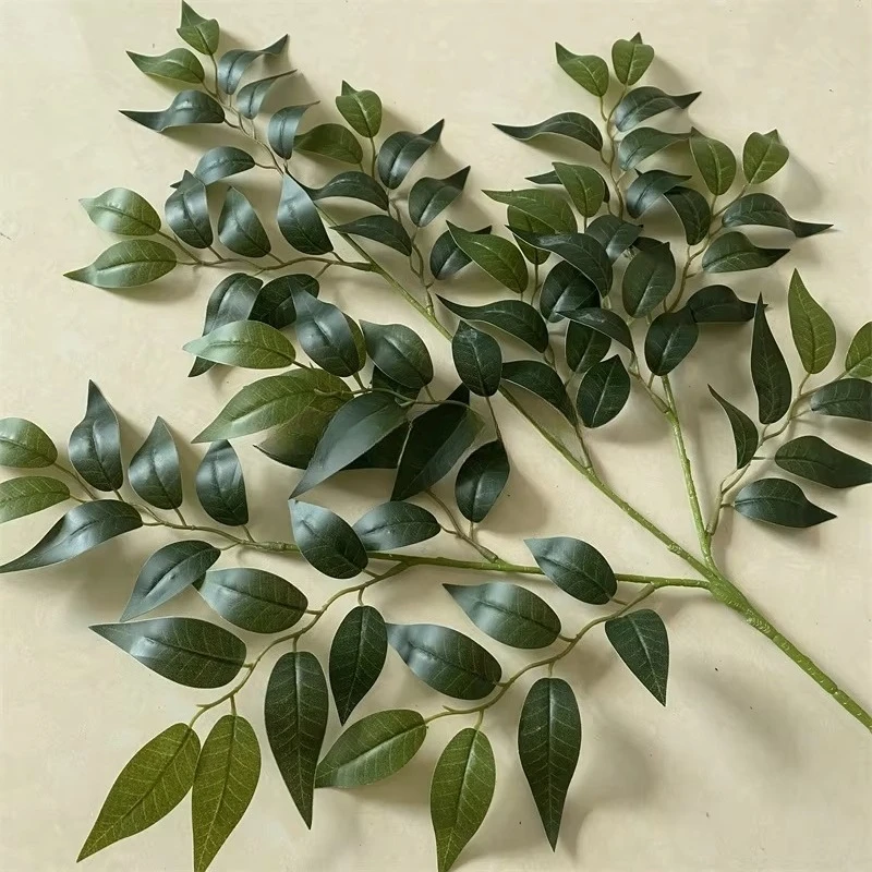 #￥New Arrival Plastic Real Touch Banyan Leaf Ficus Artificial Greenery Hanging Stem Eco-Friendly Indoor Chinese New Year Wedding