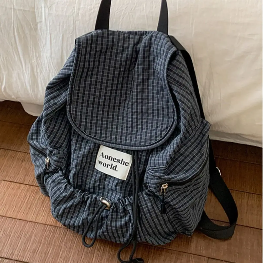Fashion Solid Color Drawsting Backpacks Plaid Korean Ruched Shoulder Bags Light Weight Casual Student Schoolbag Men Women