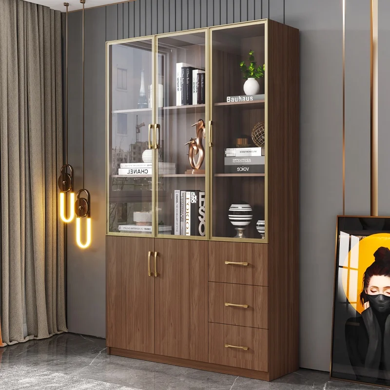 Multilayer Best Quality Wooden Custom Multi-Functional Cube Classical Walnut Bookcase With Glass Doors Models