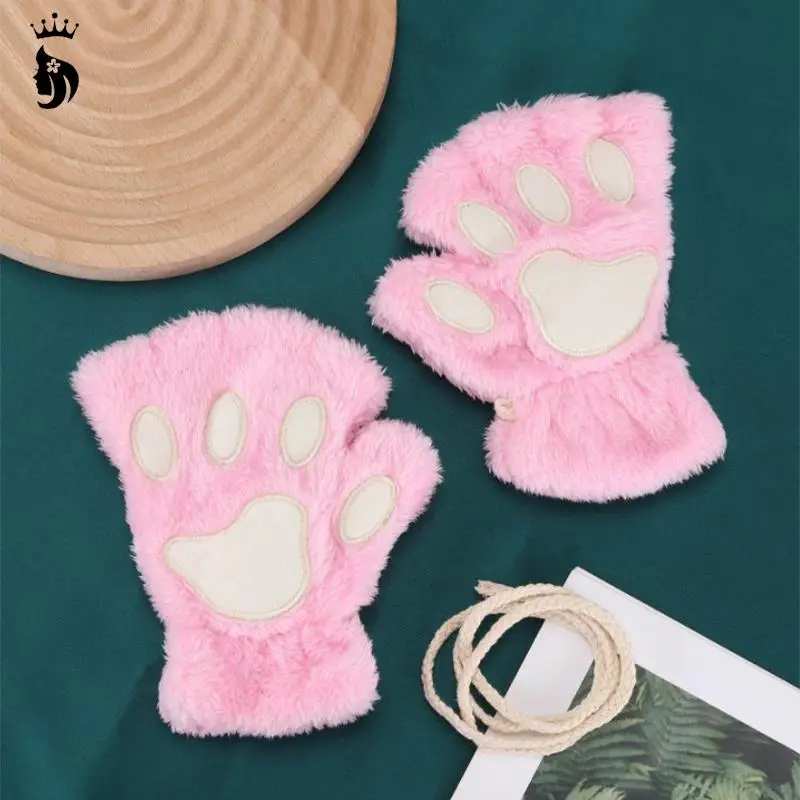 Cute Winter Warm Half Finger Gloves,cartoon Cat Paw Thicken Fuzzy Plush Mittens,embroidery Fingerless Hand Warmer