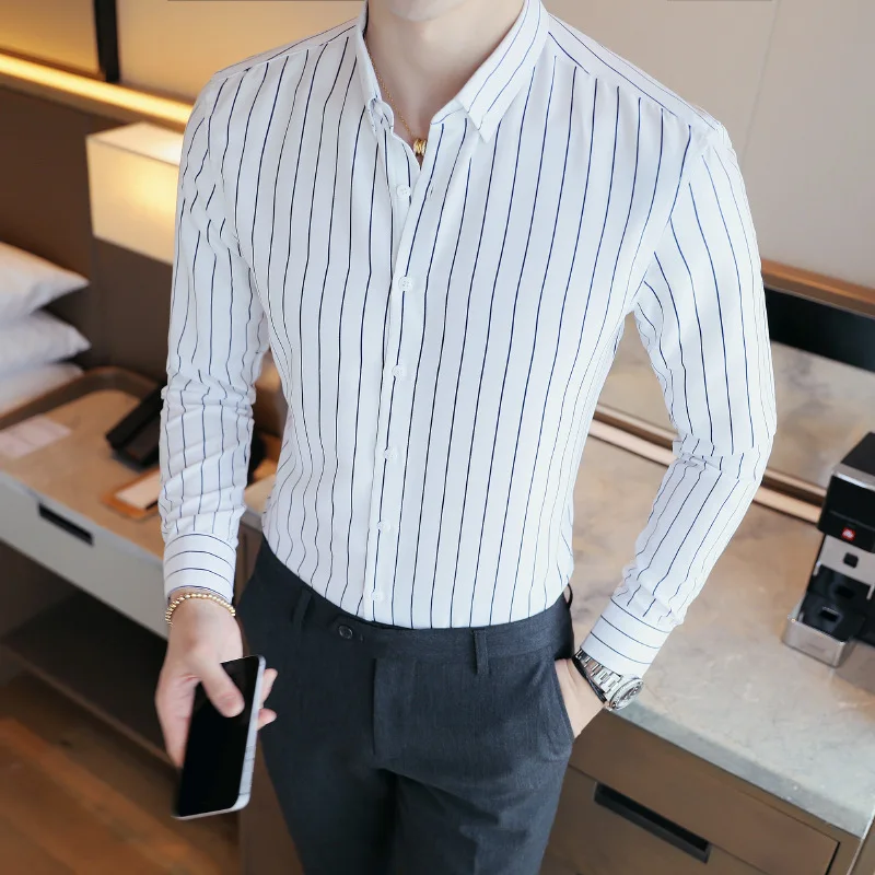 

2024 New Autumn Men's Long Sleeve Shirt Korean Style Slim White Striped Shirt Japanese Men Youth Hawaiian Casual Shirt Hawaii