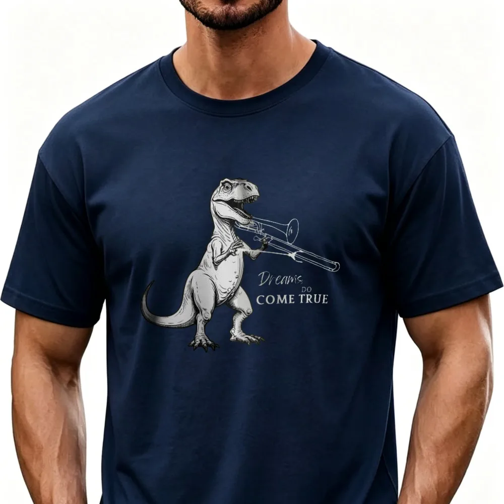 Rainbow Trombone Dinosaur Play Trombone Print Music Lover Graphic T-shirt Band Player Brass Instrument Unisex Casual Cotton Tops