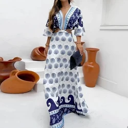 Ellafads Maxi Dress 2024 Women Summer Fashion Casual Short Sleeved V Neck Print Tie Hollow Slim Holiday Dresses Streetwear