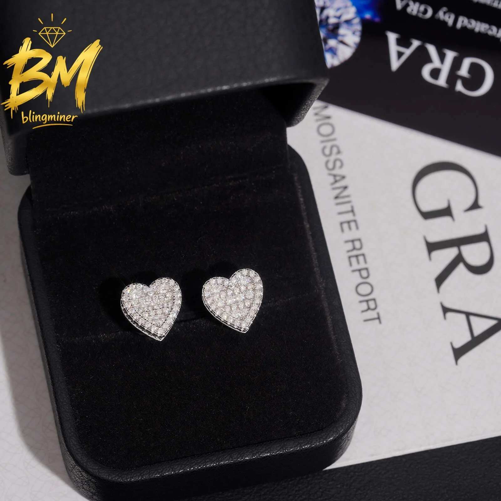 Blingmine Heart Shape Iced Out VVS Moissanite Earrings For Men Women S925 Silver Ear Studs Jewelry Pass Diamonds Tester GRA
