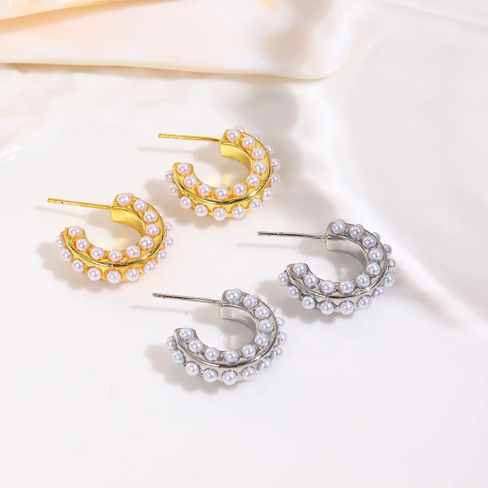 

4Pair Fashion Cross-border Geometric C-Shaped Imitation Pearl Earrings Earrings Copper Simple High-end Versatile Women's Jewelry