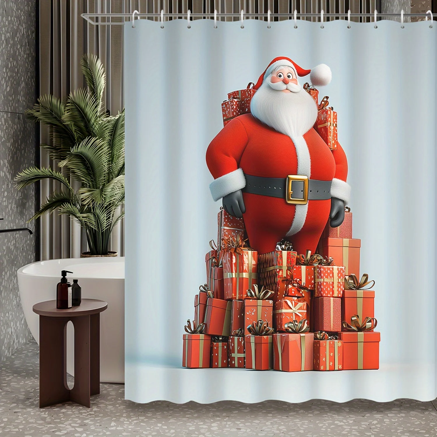 

1pc Christmas Winter Decoration Mini Three-Dimensional Santa Claus A Pile of Gift Boxes Printed Shower Curtains, Contains
