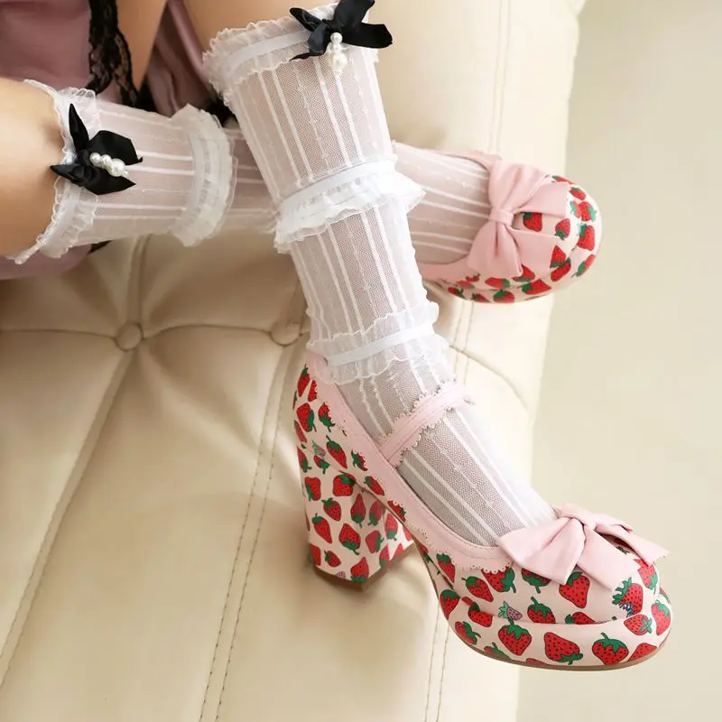 

Girseaby Mary Janes Women Pumps Round Toe High Heel 8.5cm Platform Bowknot Strawberry Mixed Color 33 41 42 43 Sweet Girls Shoes