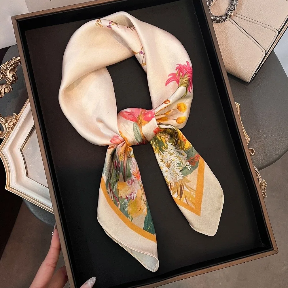 Luxury Silk Square Scarf Soft Satin Head Scarf Floral Print Hair Tie Band Women Female