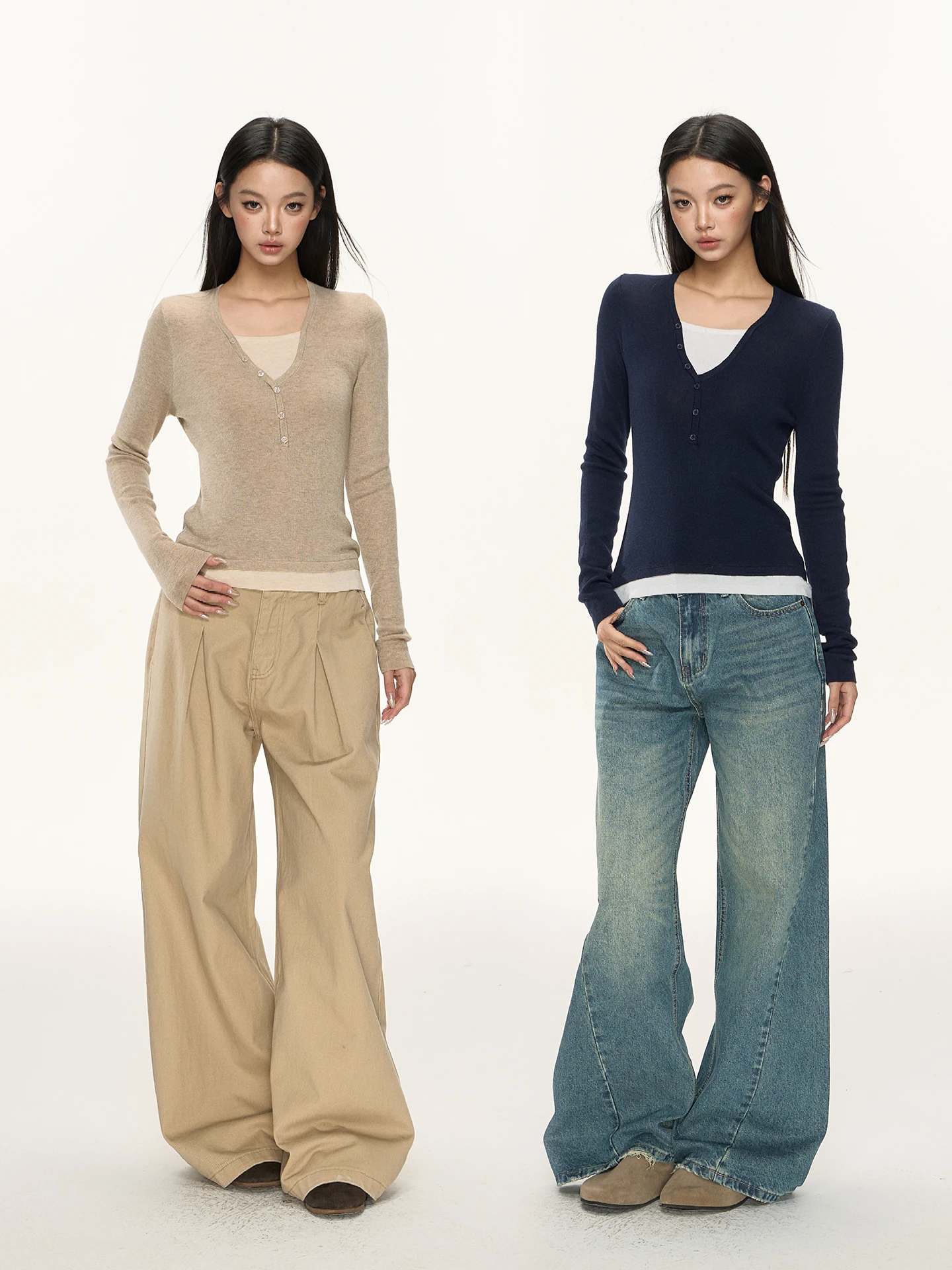 

Nova B Layered Sle Henry Collar round Button Slim Fit Color Blo Fake Two-Piece Top Casual Wear V-Ne Long Sve Knitwear