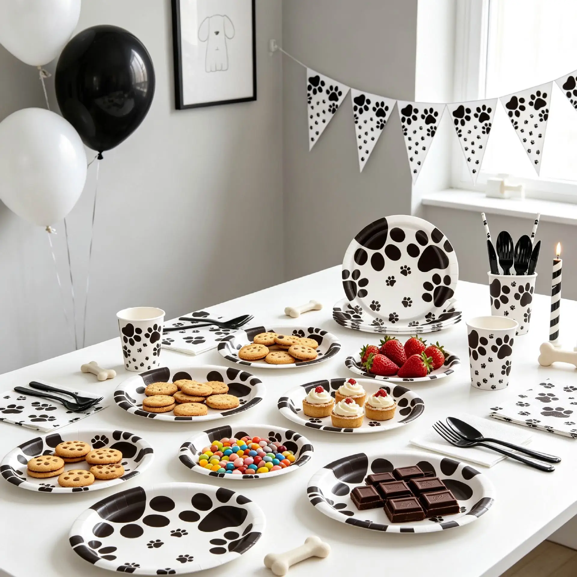 Black and White Dog Paw Print Pet Birthday Party Tableware Set, Birthday and Holiday Party Decor and Setting Tableware Set