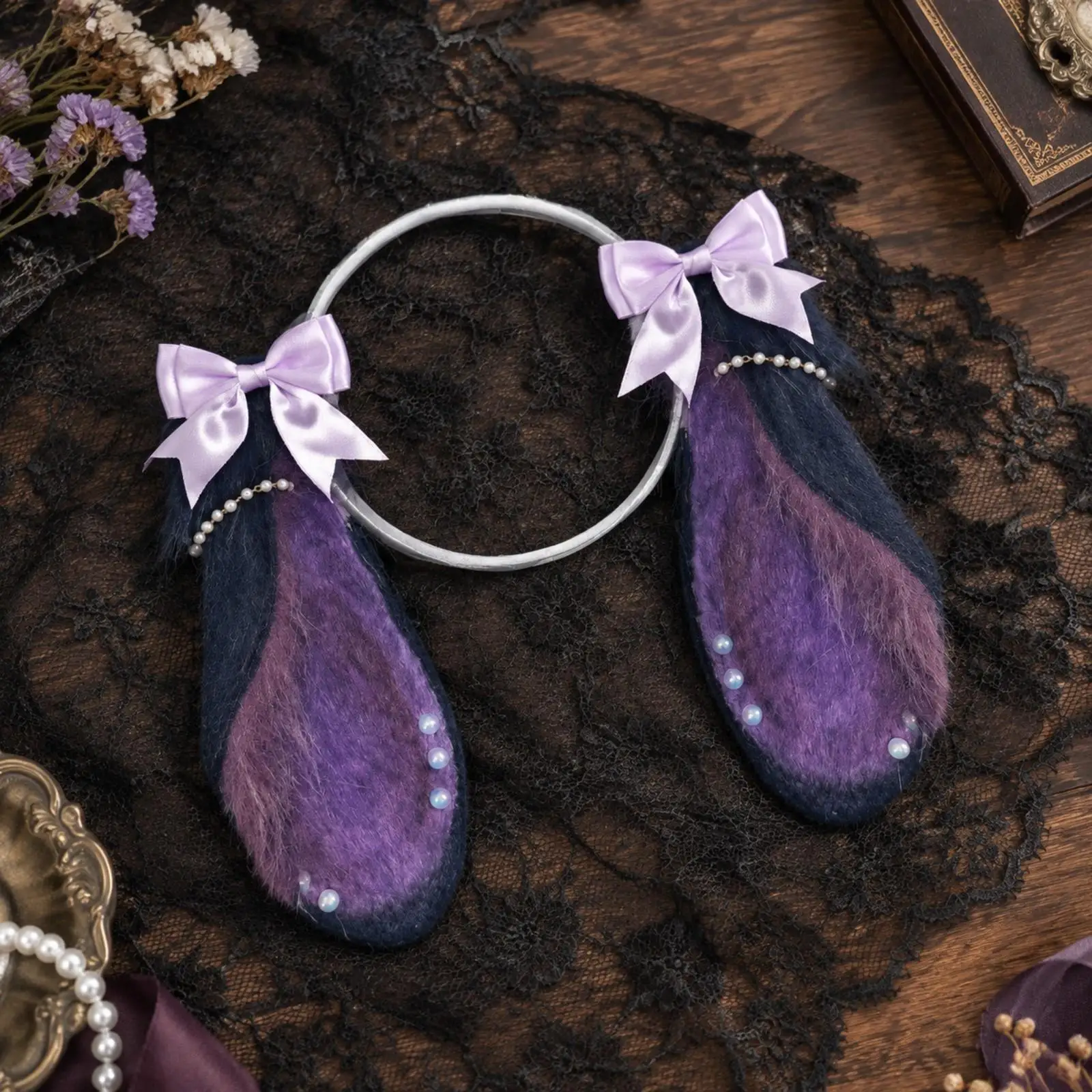 Soft Plush Rabbit Ear Headband for Halloween Costume Party Girl Head Accessory with Teardrop Hanging Panels and Ribbon Bow
