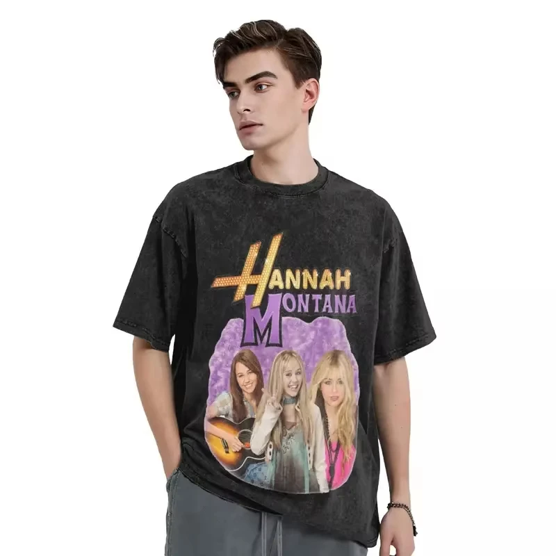 Hannah Montana Retro Miley Cyrus Washed T Shirt Streetwear Hip Hop Fashion T-Shirt Tees Men Women 100% Cotton Street Graphic