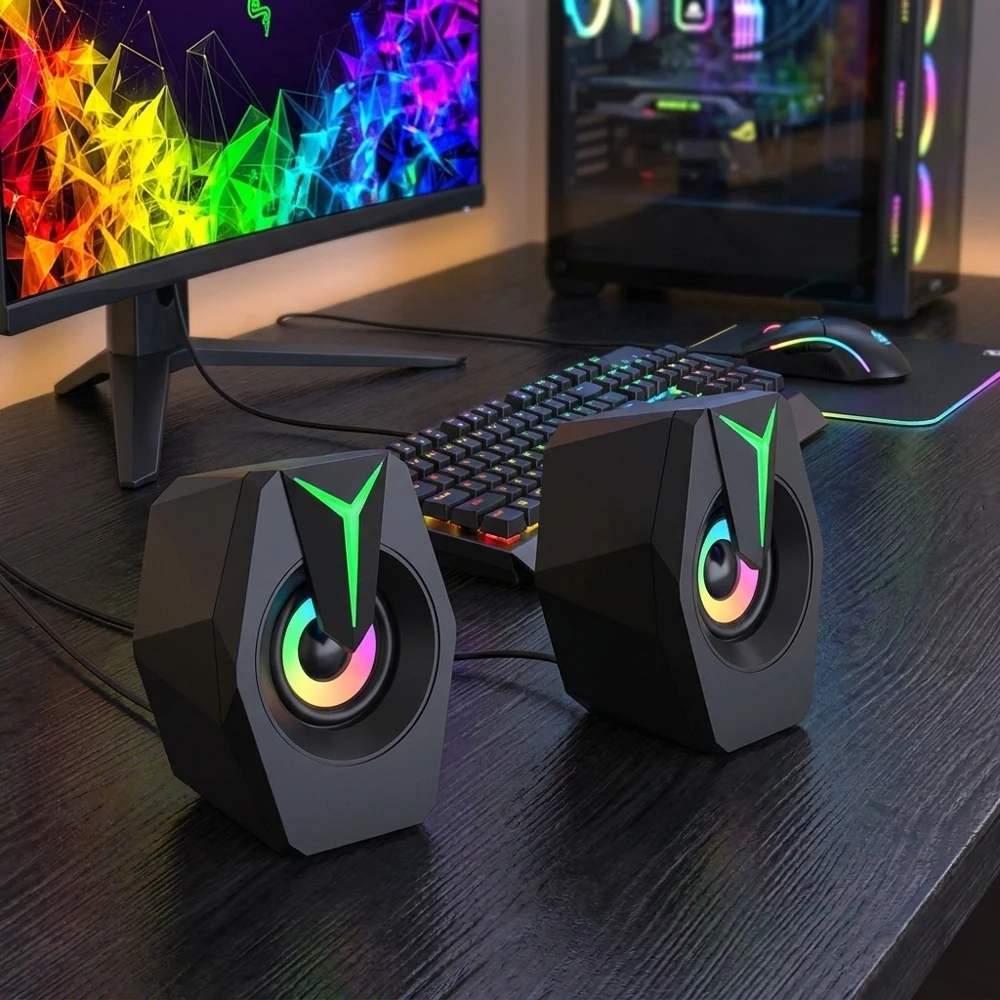 Black Mini USB Powered Wired 2.0 Gaming Speakers RGB LED Light Stereo Sound Portable Desktop Laptop PC Speakers for Gaming Music