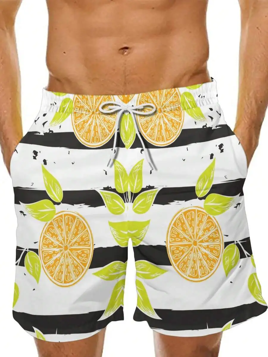 

Mens Casual Beach Shorts With Pockets And Drawstring Orange Citrus Print