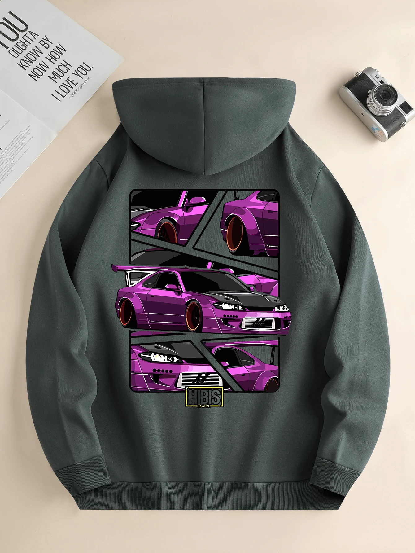 Men's car printed hoodie, kangaroo pocket, casual hoodie, daily drawstring, men's jacket, new fashion 2024