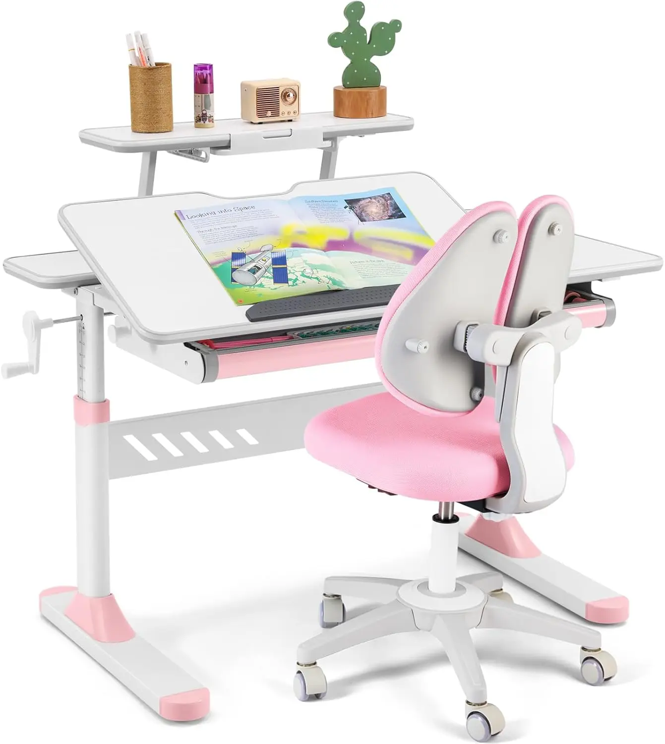 

Детский комплект: регулируемый стол и эргономичный стул с выдвижной доской для письма и подставкой для книг, розовый
