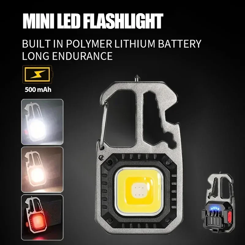 Portable LED Keychain Mini Flashlight Rechargeable Work Light Safety Hammer Lamp Outdoor Camping Light Pocket Wrench Screwdriver