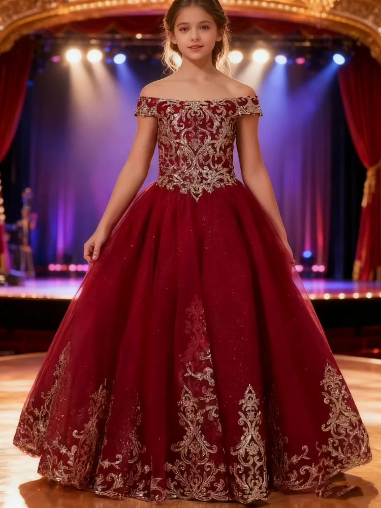 Flower Girl Dress for Wedding Kids Off Shoulder Lace Appliques Princess Pageant Frock Custom Sparkling First Communion Gown