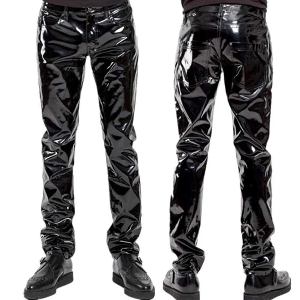 Pantalones de látex de PVC brillante para hombre, pantalones negros de motocicleta para hombre, pantalones de calle impermeables de cuero sintético a la moda para motociclista