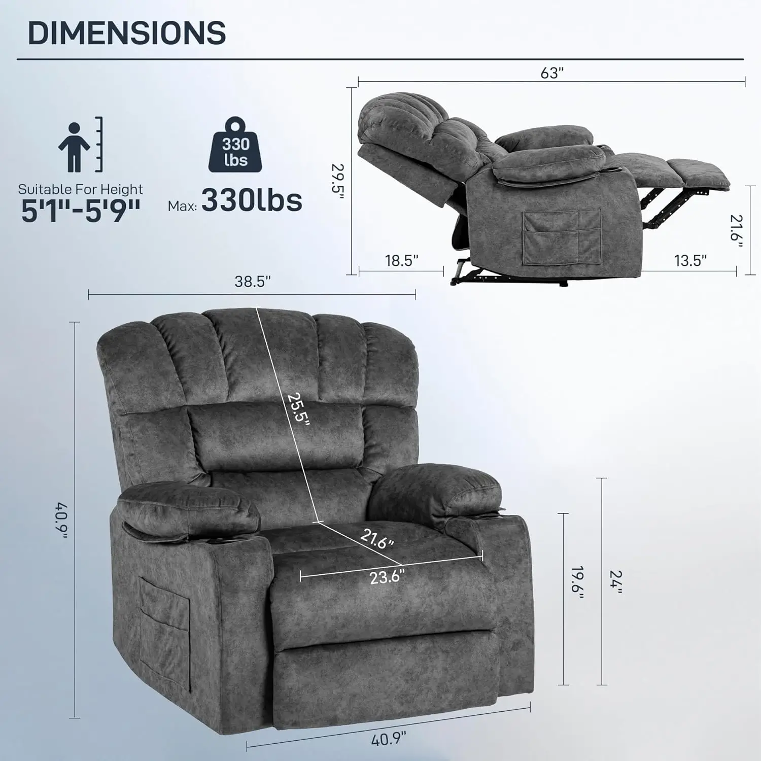 Recliner Chair Massage Heated Modern Ergonomic Lounge Single Sofa Seat Living Room Gravity Recliners Elastic Foam Fillingt image 2