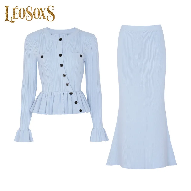 LEOSOXS ツーピース レディースセット ニットペプラムトップ ラッフルカフス＆マーメイドミディスカート ウルトラフェミニンでエレガントなシーンに 2025