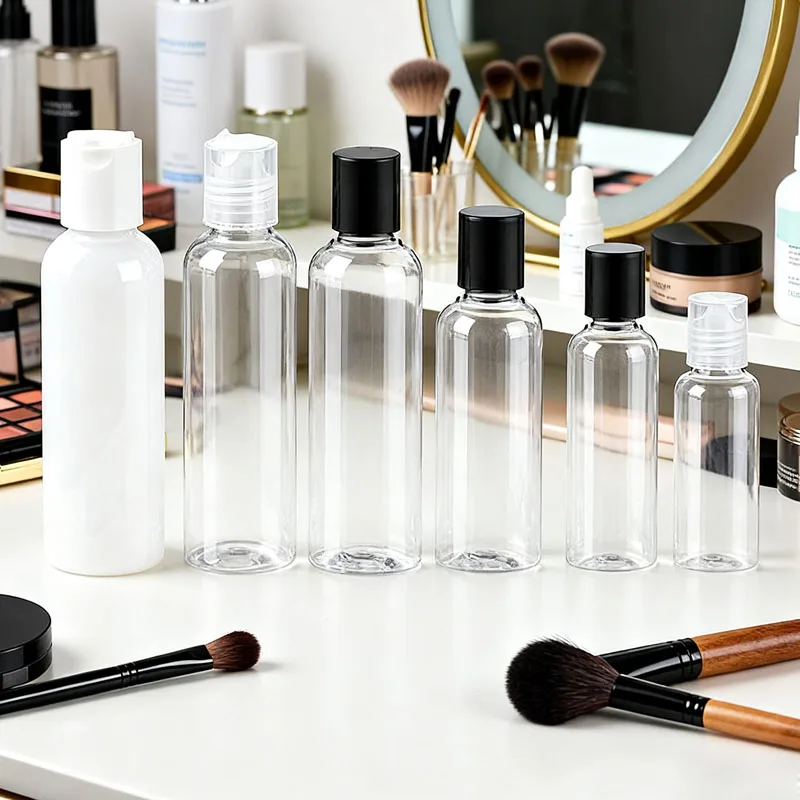 

100 шт. пластиковых бутылок объемом 30/50/60/100 мл с прозрачными, белыми и черными крышками-дисками, многоразовые контейнеры для шампуня, лосьона, кремов