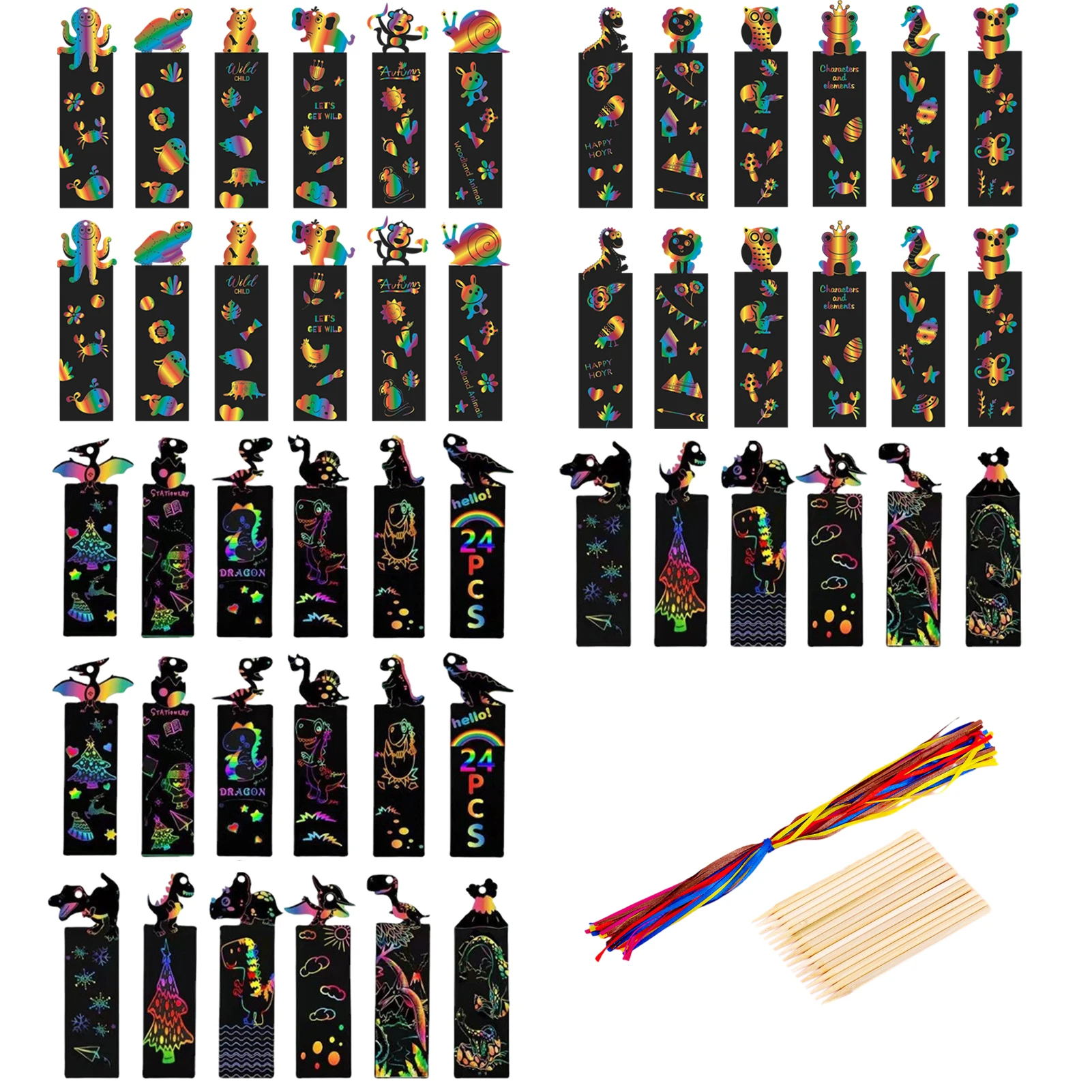 

48pcs Bamboo Stylus Gift Rainbow Color Birthday For Kids With Ribbon Party Cardboard Scratching Art Bookmark Animal Theme