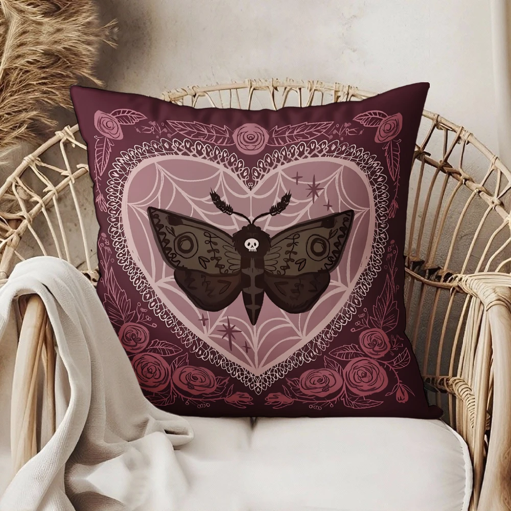 Square Throw Pillow Case Dark Burgundy Gothic Skull Moth Heart Spiderweb Rose Pattern For Sofa Bedroom Living Room Home Decor