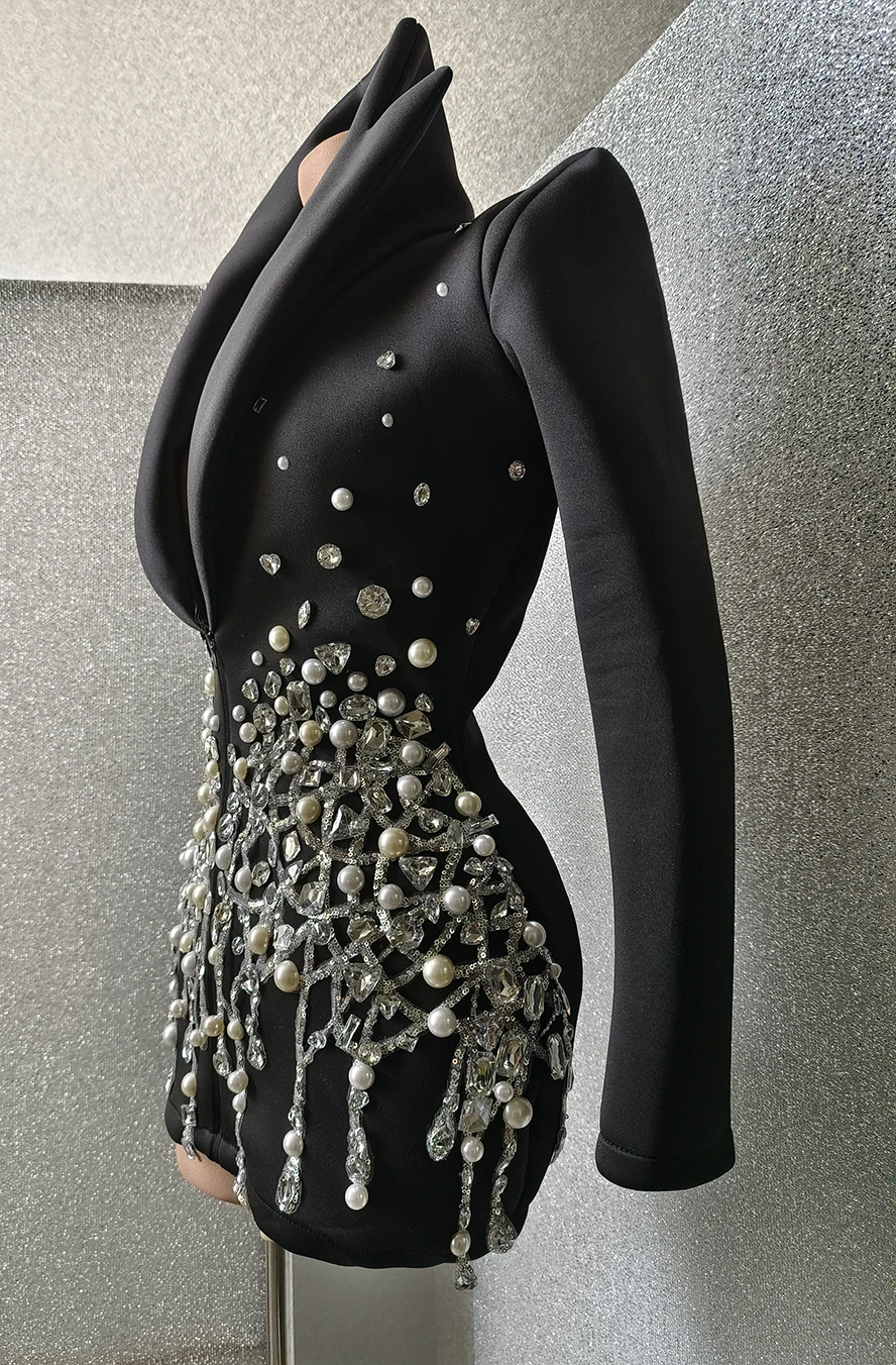 Pearl Dress Sequins Pearls Rhinestones Jacket Sexy Stage Wear DJ Singer Bar Nightclub Jazz Dance Costume Show Performance Wear