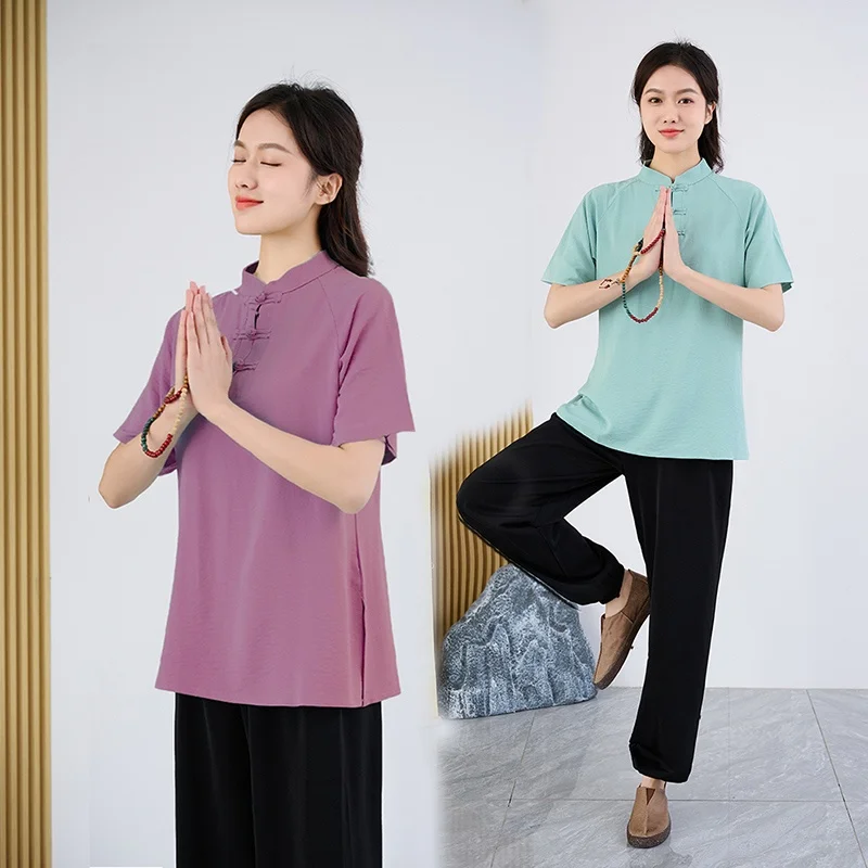 New Summer Tai Chi Uniform Top Loose Fit Pure Cotton Martial Arts Practice New Chinese Style Women's T-shirt Large Size view 4