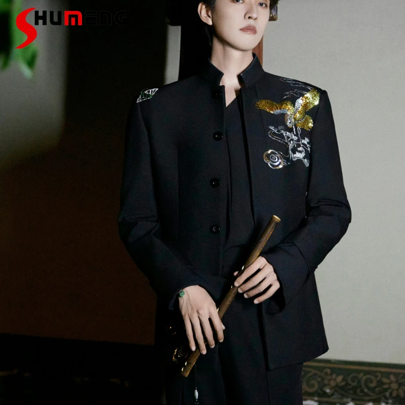 

Fashion Men's Stand Collar Suit Jackets 2025 Men's Autumn New High-end Embroidery Blazers Male Trendy Long Sleeve Tailored Coats