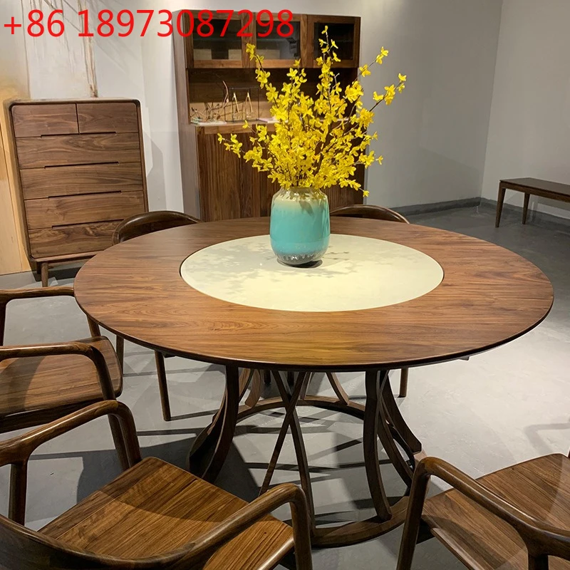 

Nordic black walnut modern simple marble solid wood home with turntable rock slab dining table