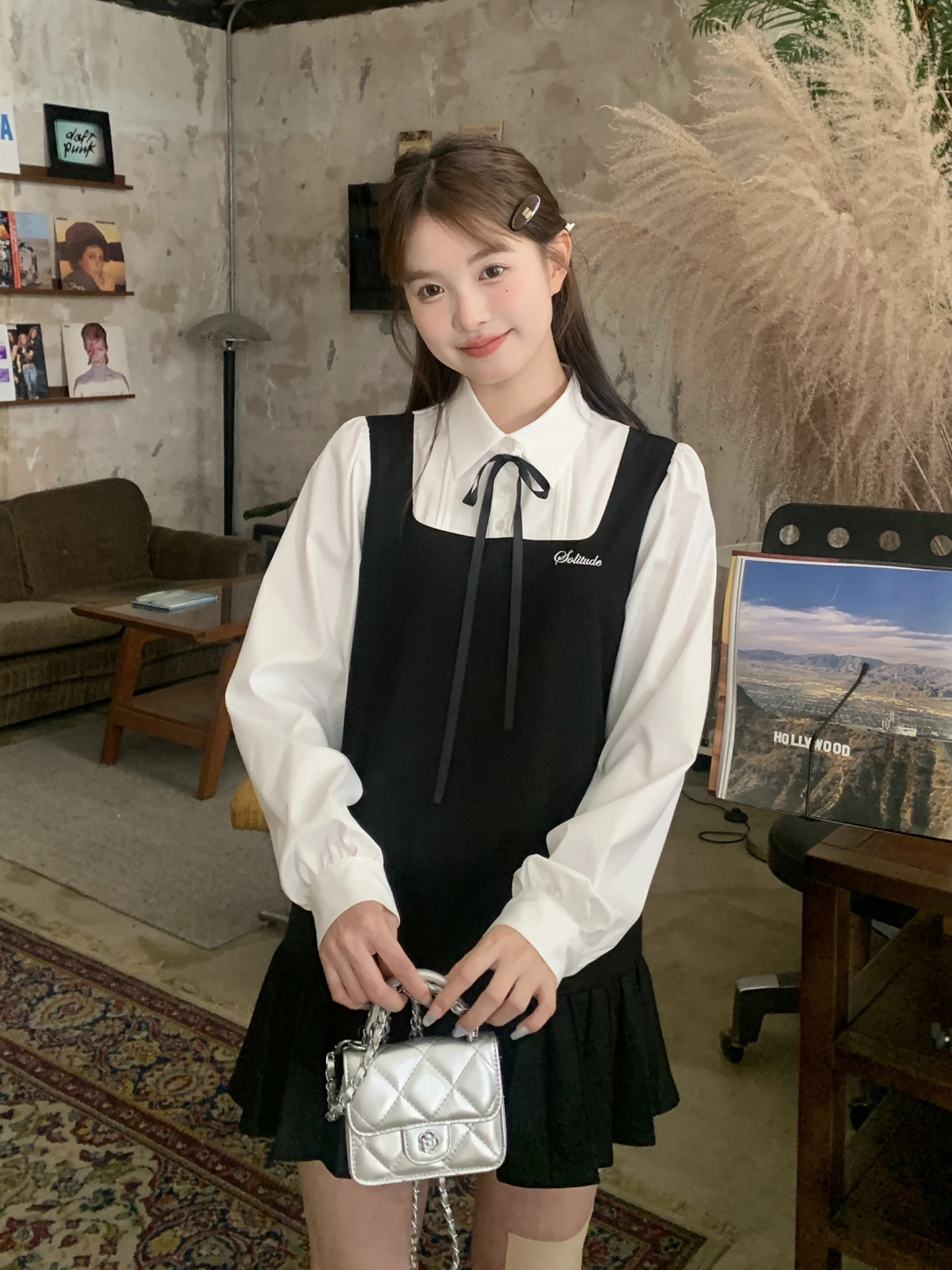 

Платье-жилет Tokyo Annual Record JK с длинным рукавом, имитация двух частей, женское, милое, с бретельками, комплект с рубашкой, стандартная юбка А-силуэта