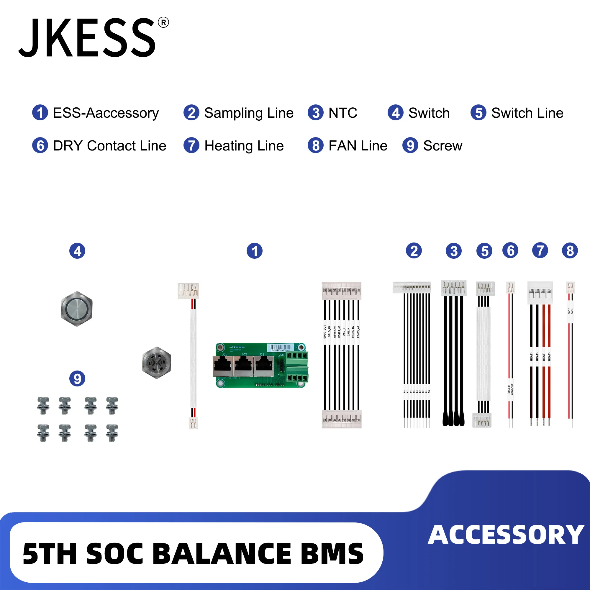 JKESS SOC BMS Accessory Sampling /NTC /Switch/DRY/Contact/Heating/FAN/BUZZER Line Interface Board USBRJ45 BUZZER