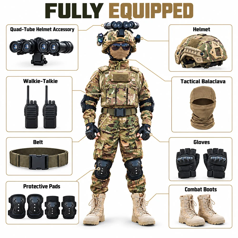 Kids Tactical Camo Uniform Set Boys Girls Pure Cotton Combat Shirt Pants Set Special Forces Style Outfit for CS Cosplay Training