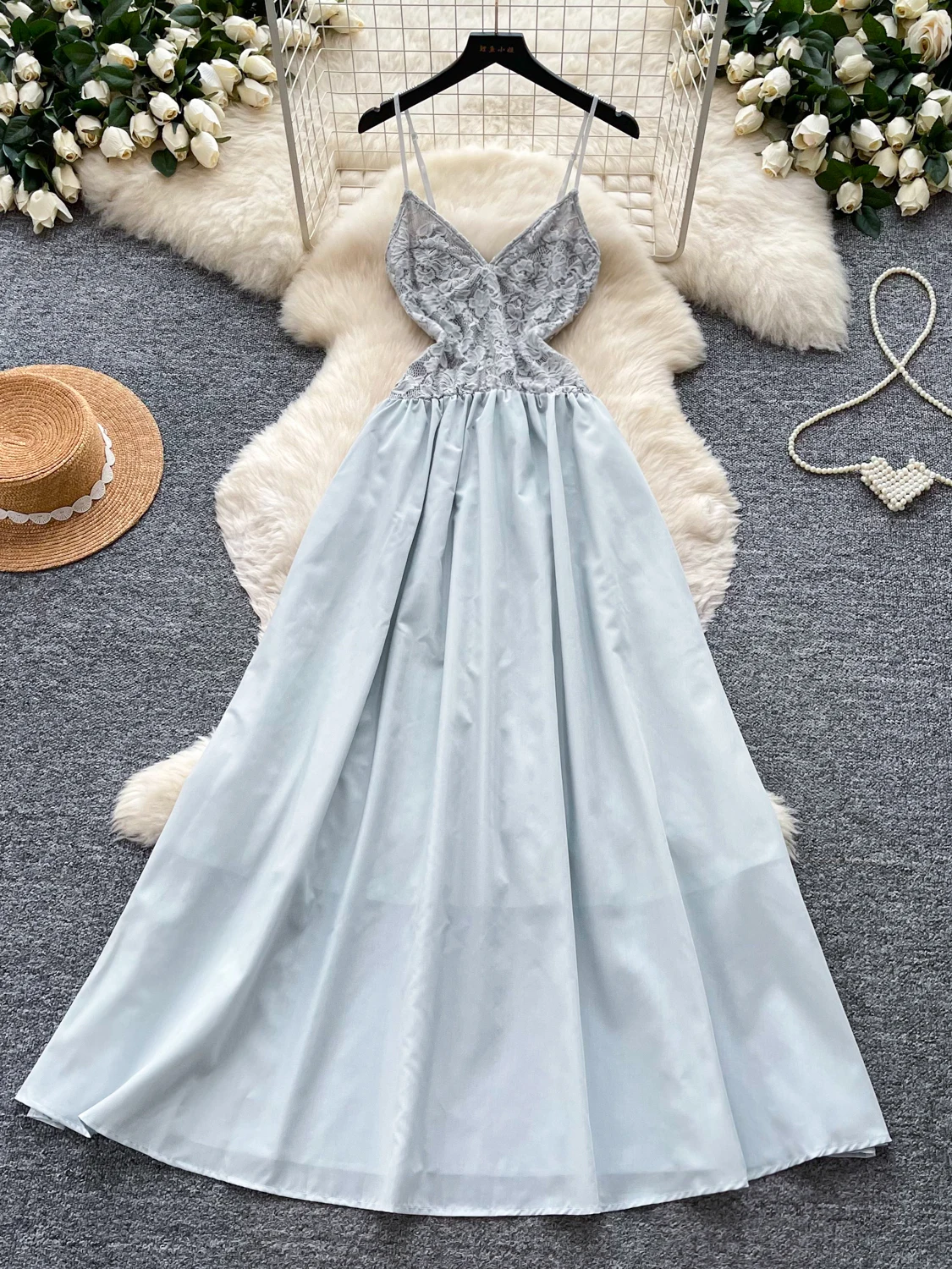 

Blue Summer Sexy Backless Split Long Dress Women's Vacation Style Halterneck High Waist A-Line Midi Dress Korean Version