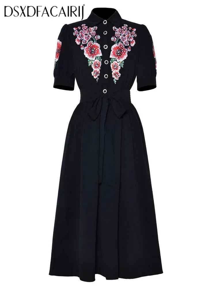 

DSXDFACAIRIJ Women's Vintage Sequins Embroidery Flower Dress Turn-down Collar Short Sleeve Fashion Spring Female Clothing