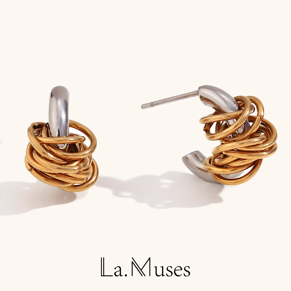 La. Muses Mini Gold Color Wrap Line Silver Color C Shape Stainless Steel Hoop Earrings For Women 2024 Unique Luxury Jewelry