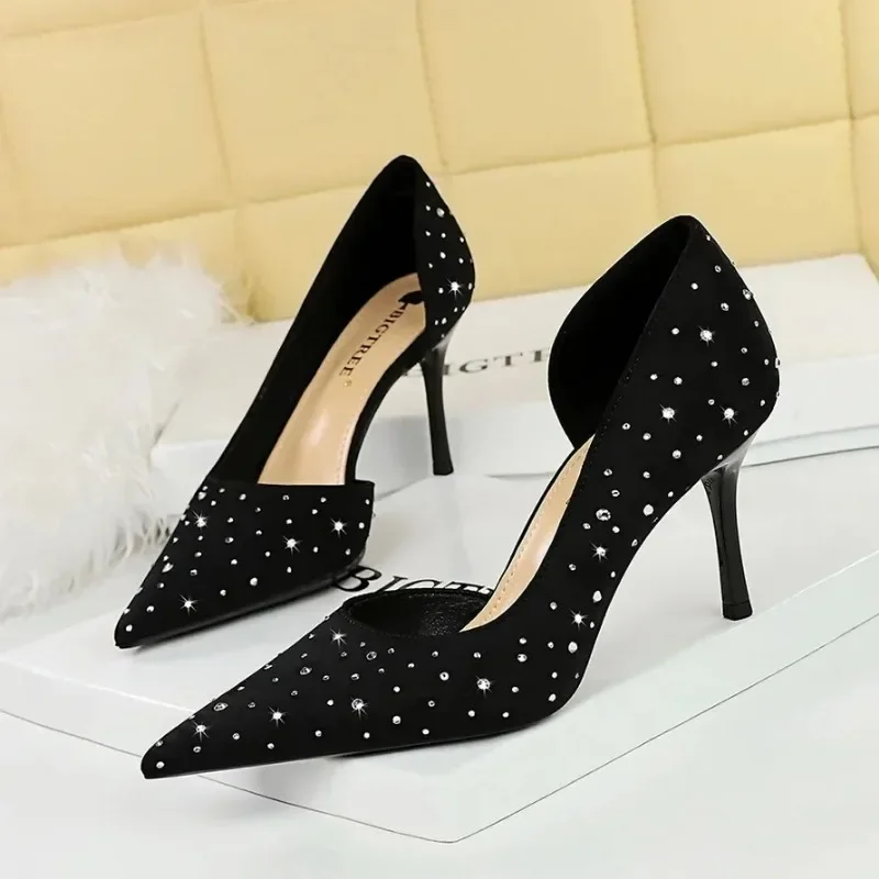 

Fashion party women's high heels slim heel shallow mouth pointed silk side hollowed-out rhinestone single shoe women