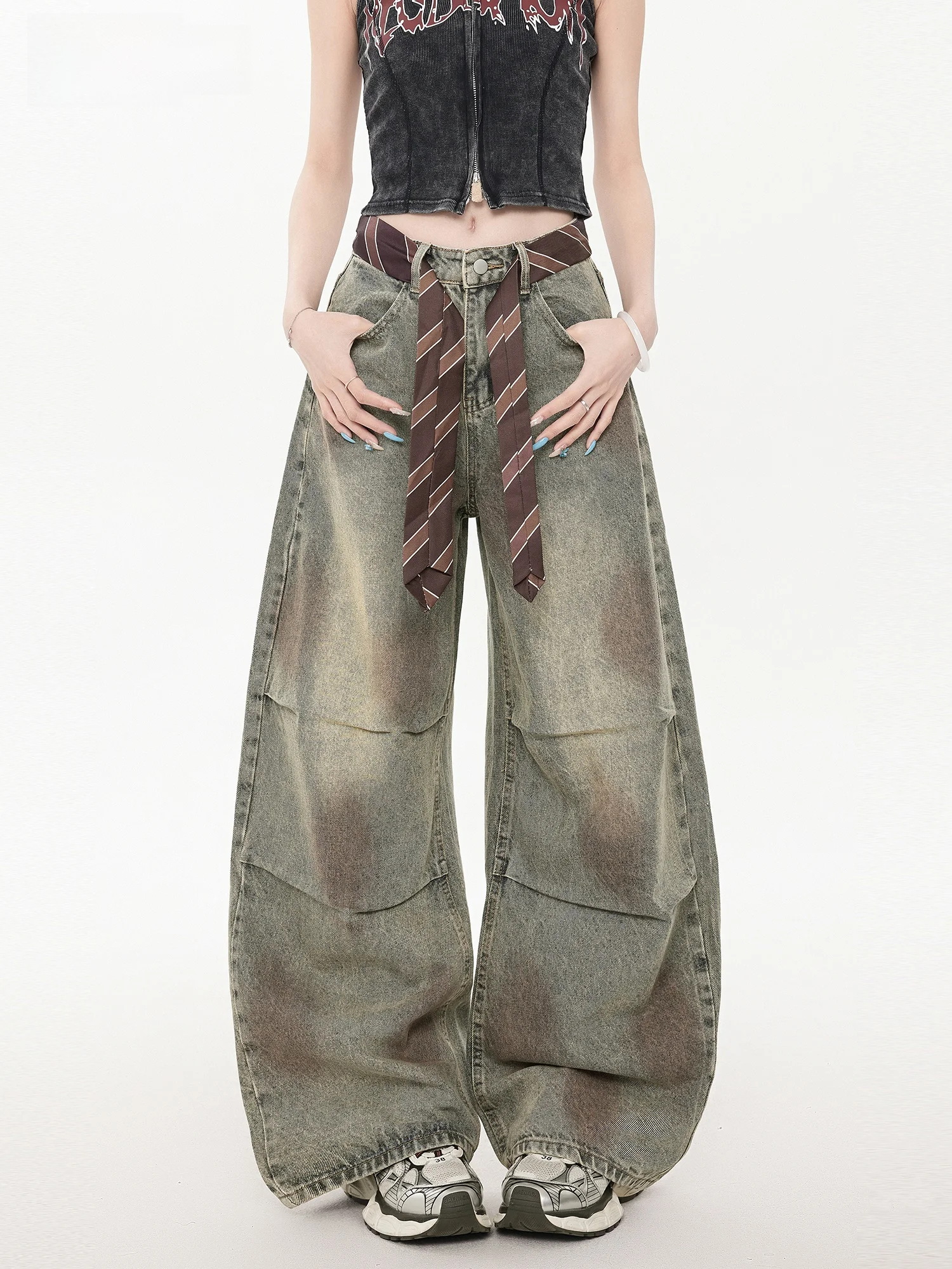 

EDX Women's Wide Leg Knife Jeans Casual Washed Denim Belted Drapey Folded Spring 2026 Cool Casual Loose Fit Blue Cotton Polye...