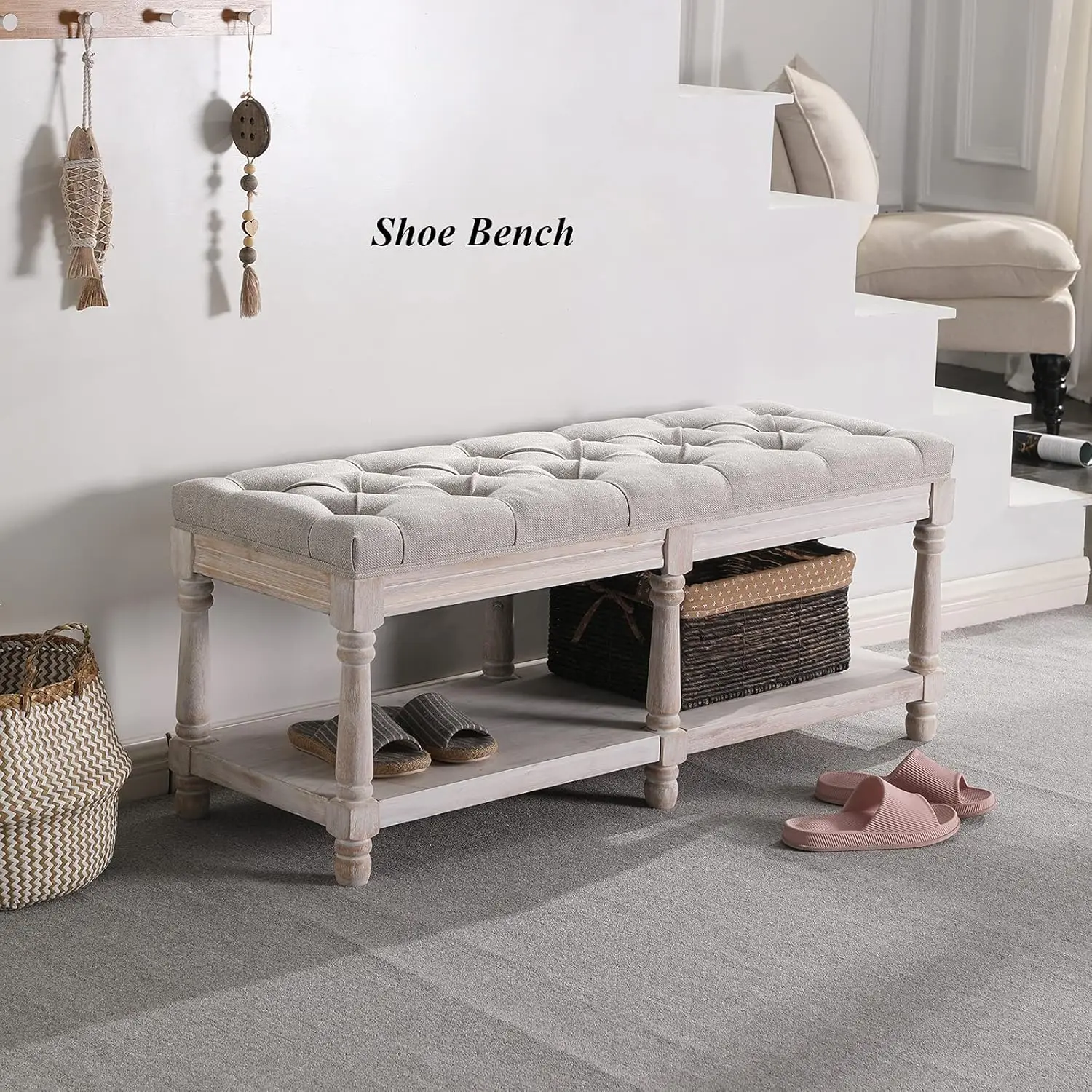 Century getuftete Aufbewahrungsbank mit Regal, mit Leinen gepolsterter Bauernhaus-Eingangshocker, Beige