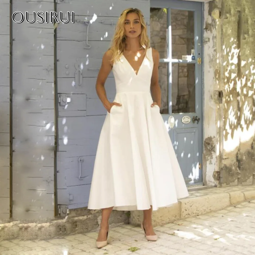 

Простые атласные короткие свадебные платья с v-образным вырезом и открытой спиной, индивидуальные свадебные платья в стиле бохо с карманами, вечернее платье допол 한 فا فساتين سهره