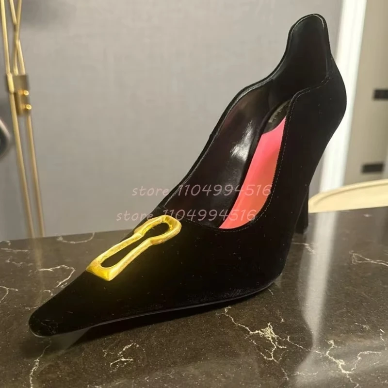 Gold Decor Pointed Thin High Heel Women's Black Shallow Slip On Cover Heel Pumps 2025 Luxury Fashion Party Ladies Single Shoes