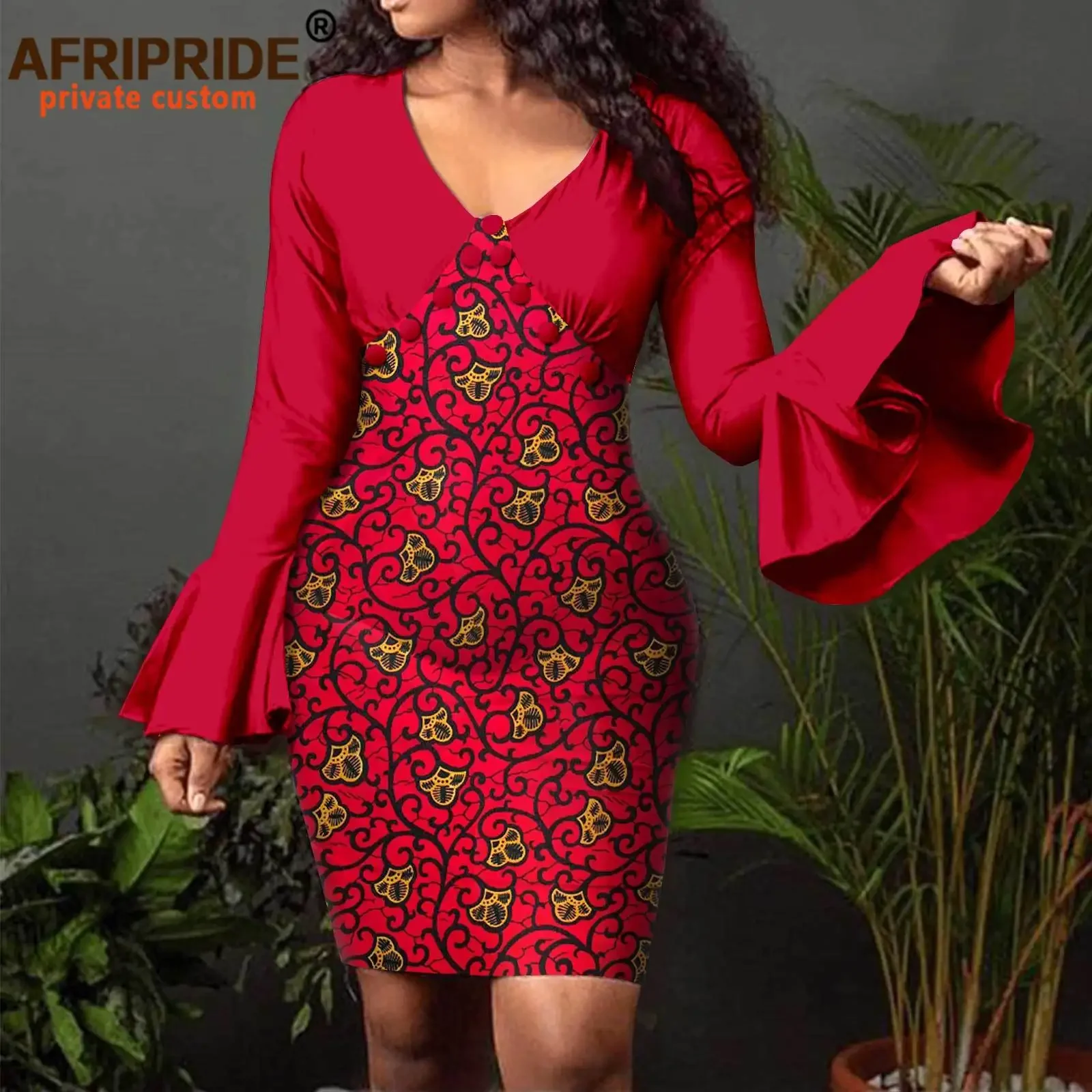 

Women`s Fashion Bodycon Dress African Ankara Print High Waist Flare Sleeve Pure Cotton Casual Outfits Wax Attire Sexy A2125001