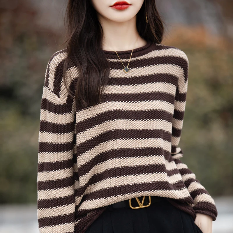 

Women's Pullover Spring/Autumn 100% Cotton Sweater Casual Striped Knitwear Loose Ladies Tops Round Neck Korean Style Blouse